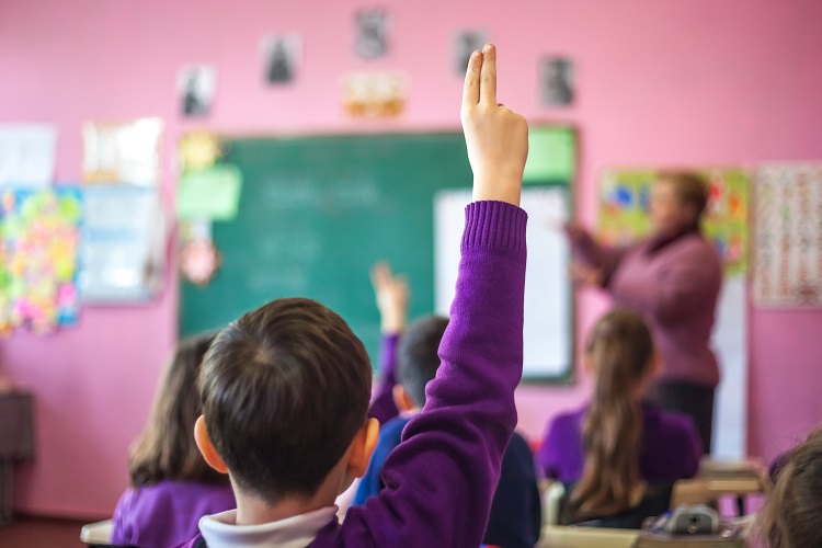 A child in a classroom with their hand up